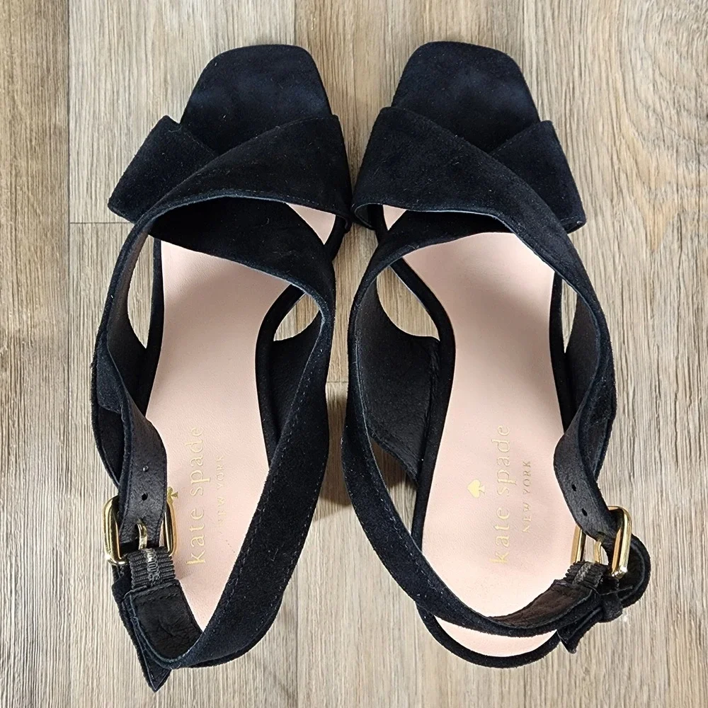 Kate Spade New York Size 7‎ Black Suede Slingback Block Heel Dress Sandals